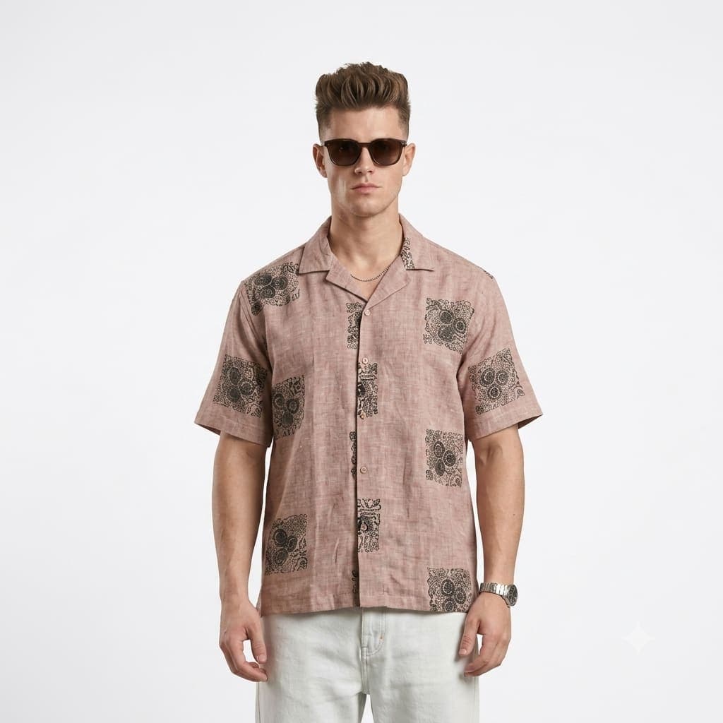 Brown Embroidery Half Sleeve Shirt