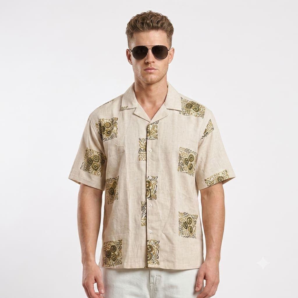 Beige Embroidery Half Sleeve Shirt